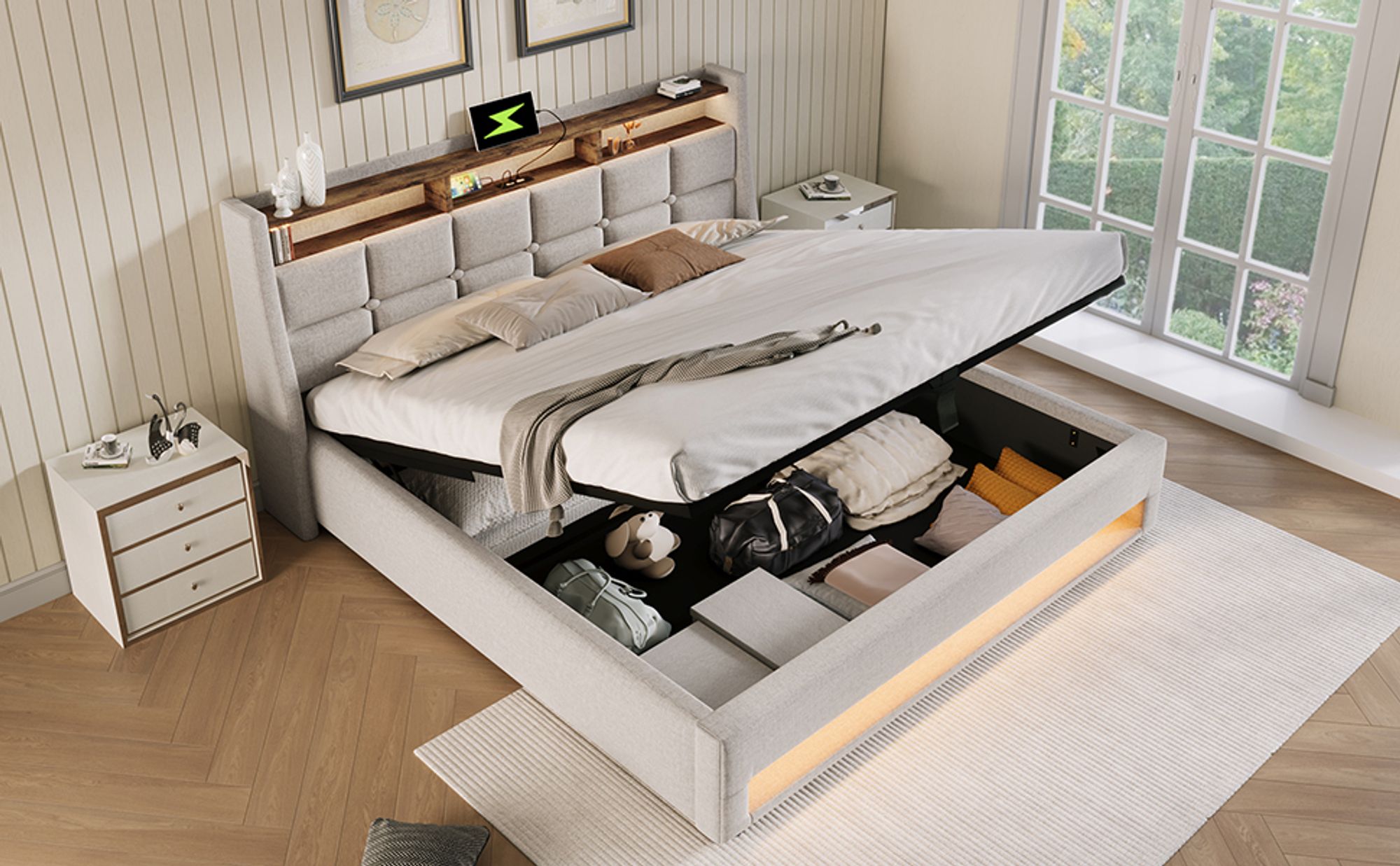 okwish LED Polsterbett 140x200 cm, Einzelbett mit USB, Jugendbett mit Metallrahmen Lattenrost, Bettgestell aus Leinen, Beige (mit Matratze)