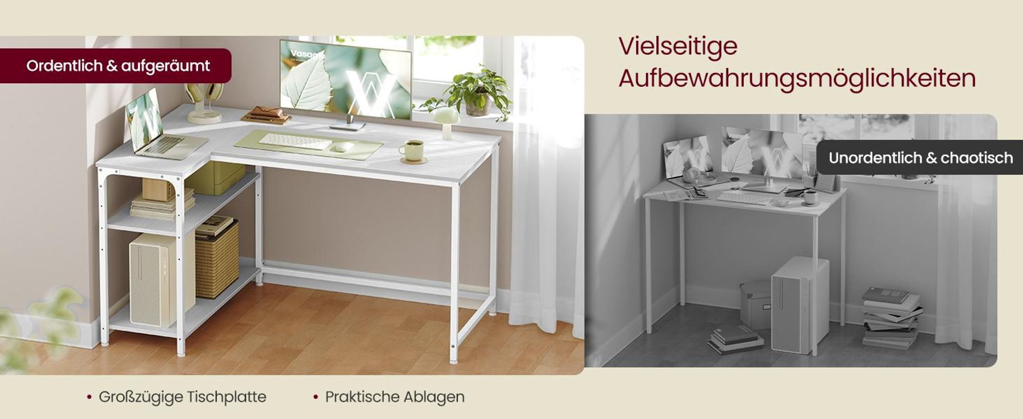 VASAGLE Schreibtisch mit Stauraum, L-Form Computertisch, höhenverstellbare Ablage, Büro, 120 x 80 cm, weiß