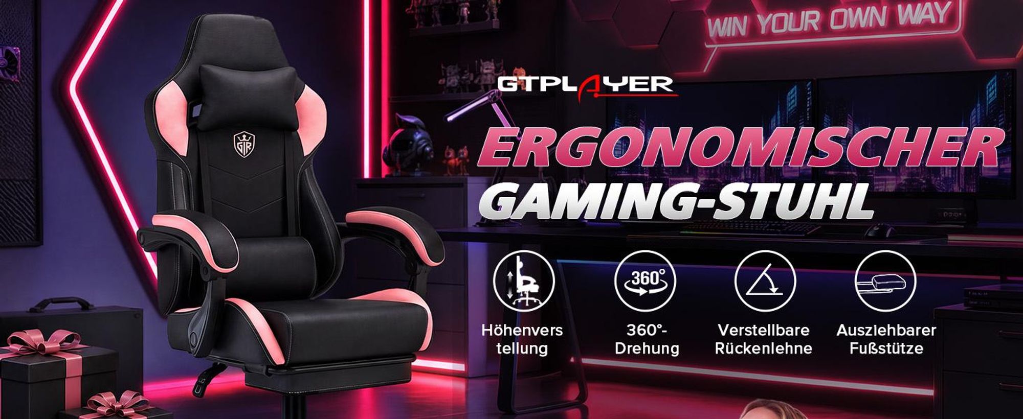 GTPLAYER Gaming Stuhl Bürostuhl Gaming Sessel mit Fußstütze, Ergonomischer Gamer Stuhl mit Verbundenen Armlehnen, Höhenverstellbaren Schreibtischstuhl