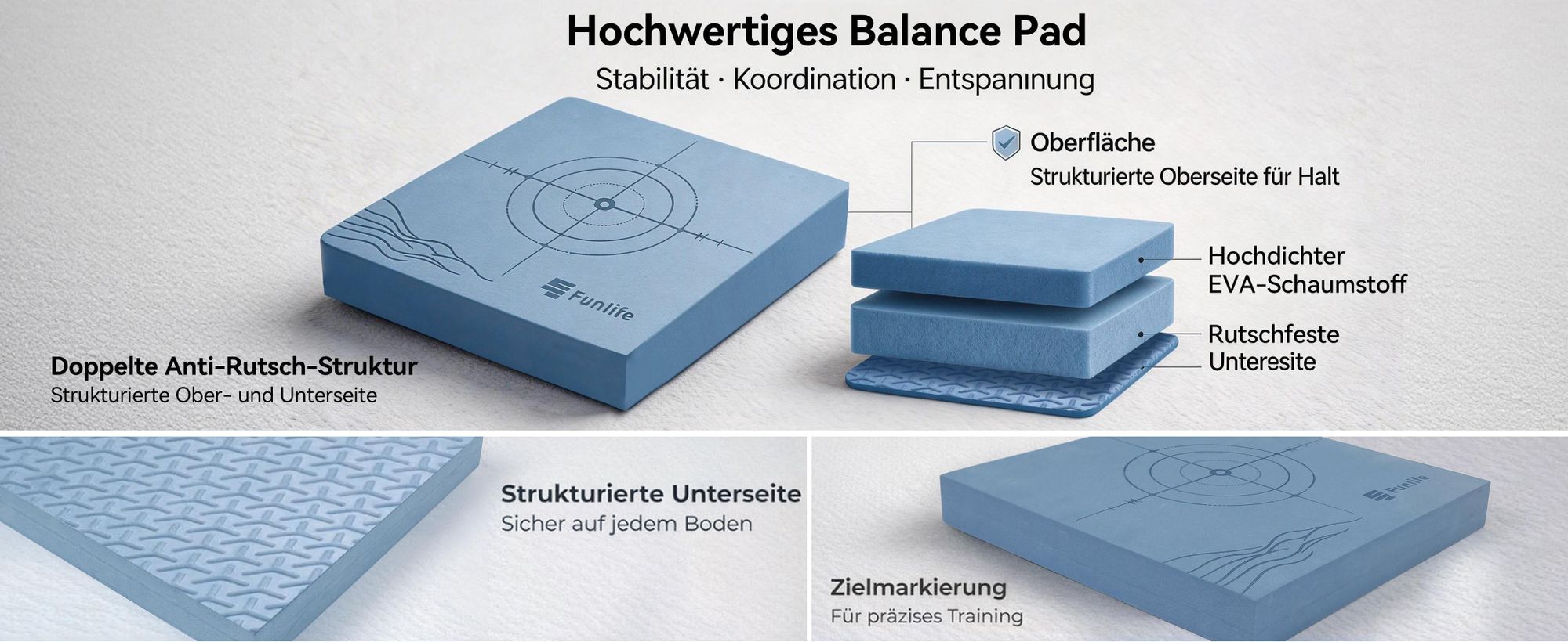 FunLife Balance Pad 40x40x5 cm – Gleichgewichtskissen für Core Training, Koordination, Balance & Yoga, bis 150 kg