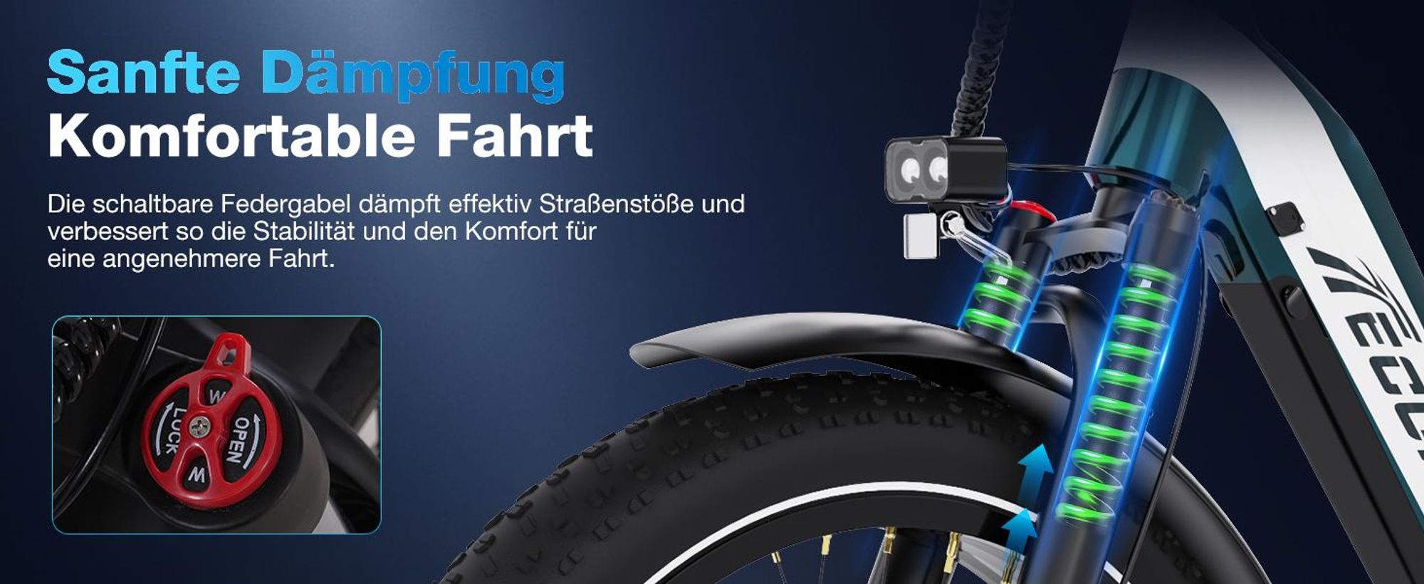 ECORUSH ECO R3 E Bike, Elektrofahrräder mit 26 * 4.0 Breite Reifen, E-Bike 48V 20Ah Lithium-Ionen-Akku, 250W. NFC, E Mountainbike für Damen und Herren