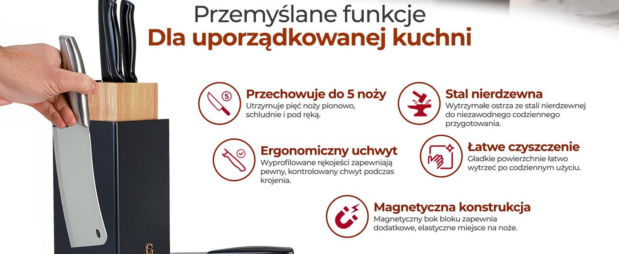 Glissimo Magnetyczny blok na noże – bez noży – z wbudowaną ostrzałką – antypoślizgowa podstawa – drewniany uchwyt na noże do kuchni