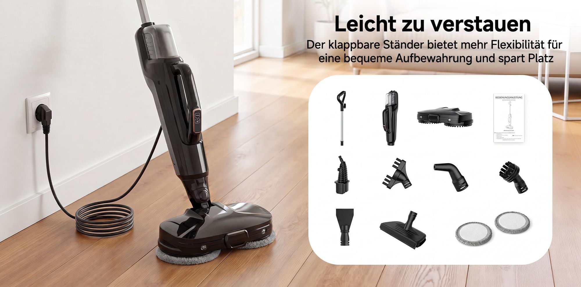 6in1 Dampfreiniger 1580W Dampfmopp & Dampfwischer mit 110°C Hochtemperatur-Dampf, 15 Sek. Aufheizzeit, Handdampfreiniger mit rotierenden Reinigungspad