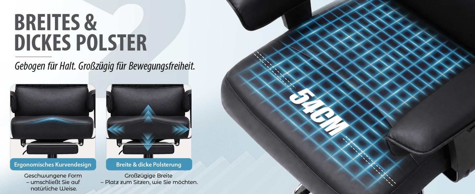 Chaise de gaming GTPLAYER, chaise de bureau ergonomique avec repose-tête réglable, support lombaire large, assise de 54 cm de largeur, inclinable de 90° à 150°, capacité de charge de 180 kg