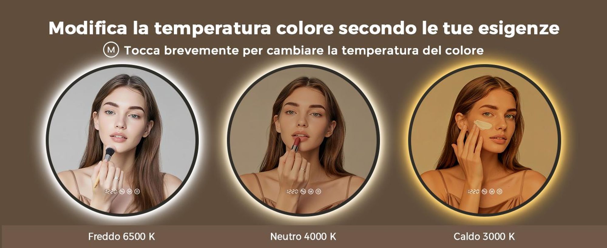 S'AFIELINA Specchio Bagno LED Rotondo 80 cm, Cornice Nera, 3 colori di luce, luminosità regolabile, antiappannamento, orologio e temperatura