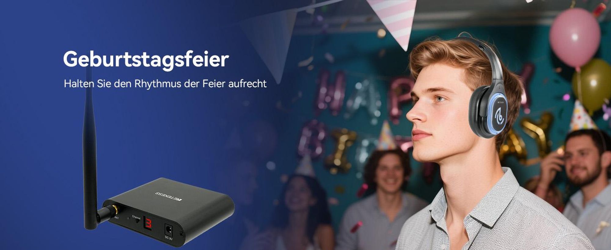 Retekess TA004 Silent Disco Starter Kit, Kopfhörer Wireless für TV, 200M, HIFI-Klangqualität, 20 Kopfhörer, Kopfhörer für Partys, Fitnessstud, Yoga