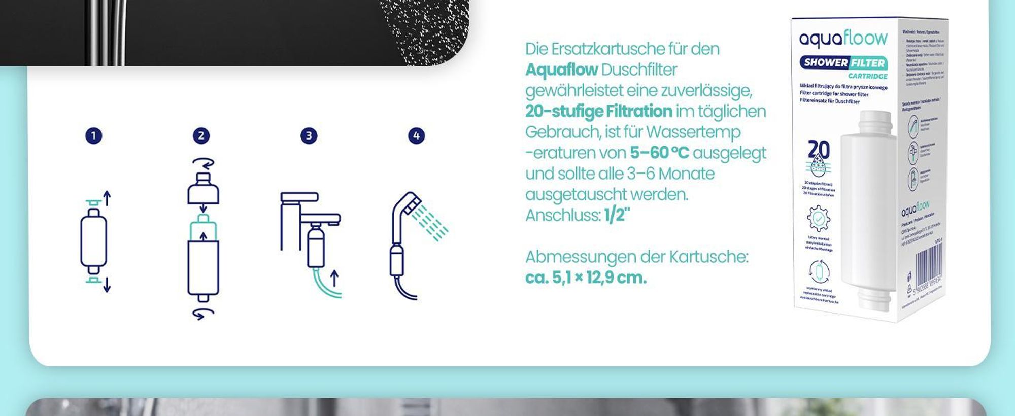 AquaFloow Duschfilter Weiß – 20-Stufen Filtration, Kalk- & Chlorreduzierung, Universal 1/2″ – 1 Stück