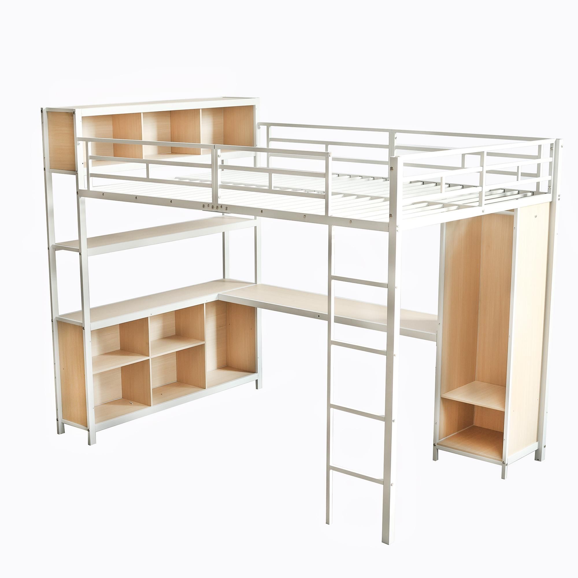 Flieks Etagenbett 140x200cm mit Schreibtisch und Regal, Hochbett mit Kleiderschrank, Kinderbett Jugendbett Metallbett mit Lattenrost, Weiß