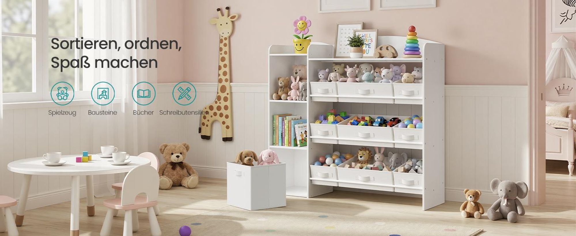SONGMICS Kinderregal mit 2 offenen Fächern, Kinderregal, 9 mittlere und 1 seitliche Boxen, 30 x 113,1 x 104 cm, weiß