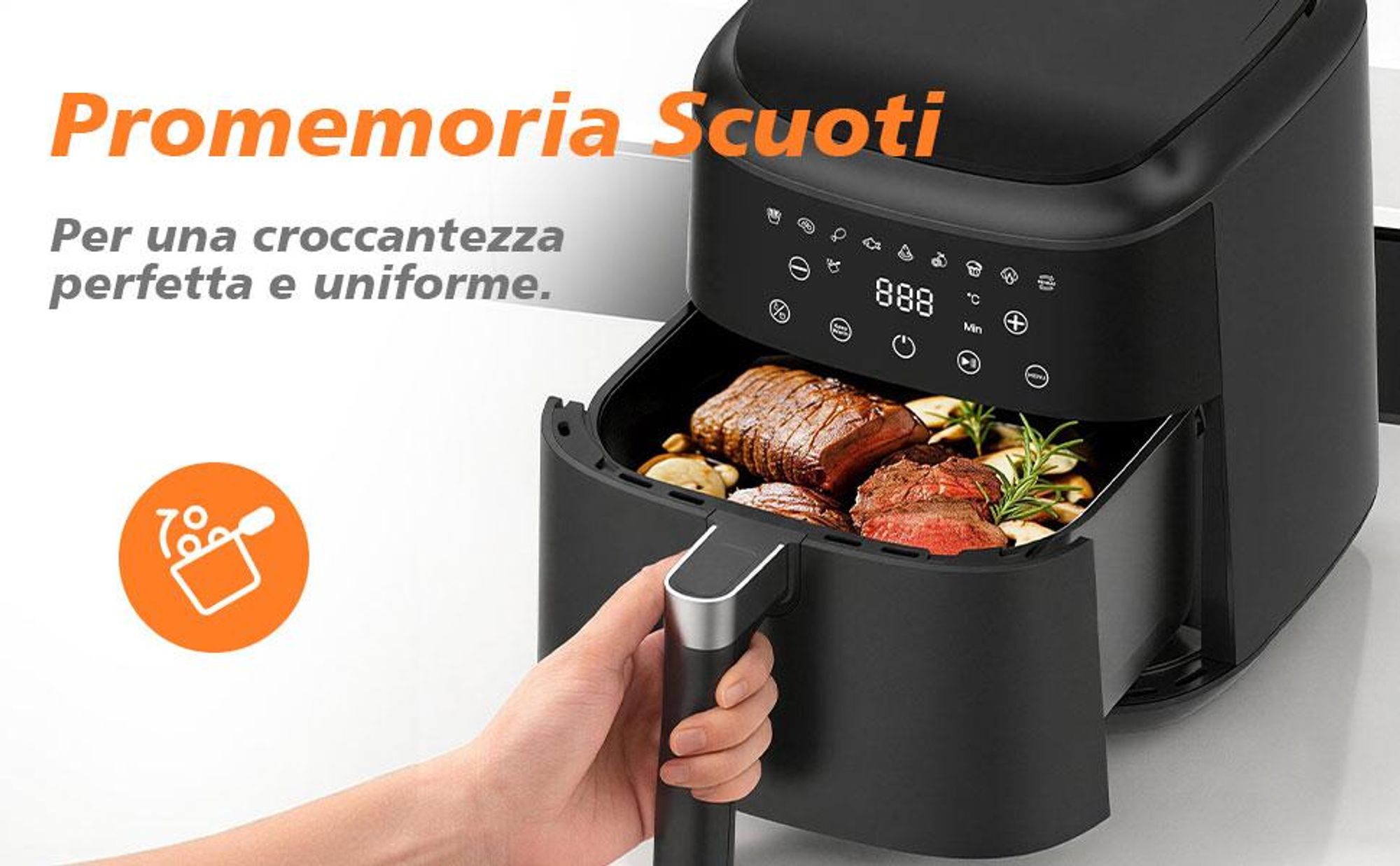 Friggitrice ad aria, 6 litri, 9 programmi di cottura, intervallo di temperatura 40–200 °C, funzione di mantenimento caldo, cestello antiaderente lavab