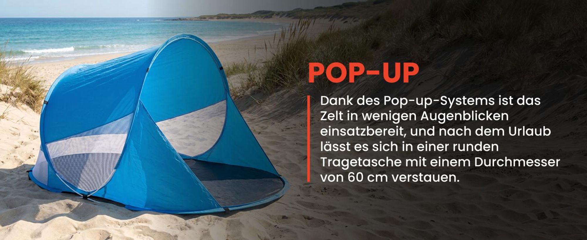 Strandzelt Strandmuschel mit UV Schutz Pop Up Epifit 190x120x90cm mit Tragetasche Blau