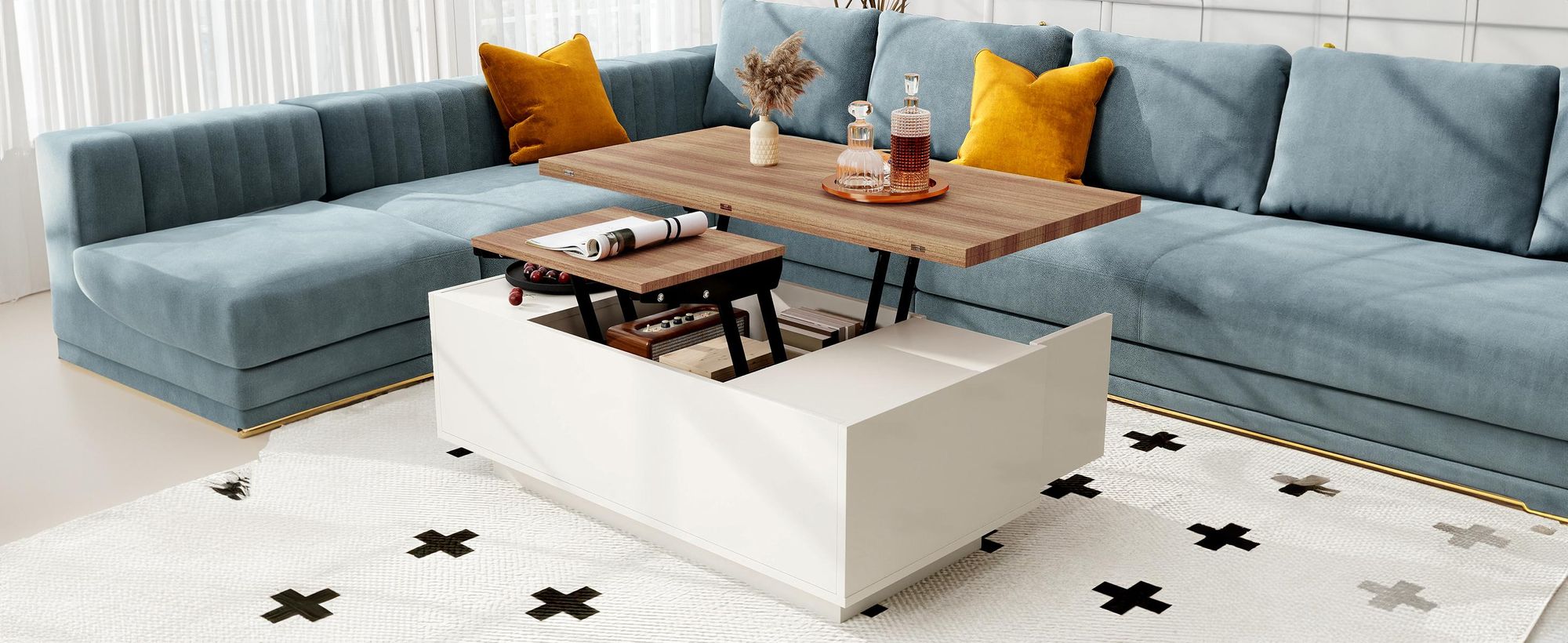 MODFU Couchtisch Wohnzimmertisch mit Doppel-Hebemechanismus,Sofatisch Kaffeetisch mit verstecktem Stauraum,Freizeittisch,Sideboard,Weiß + Natur