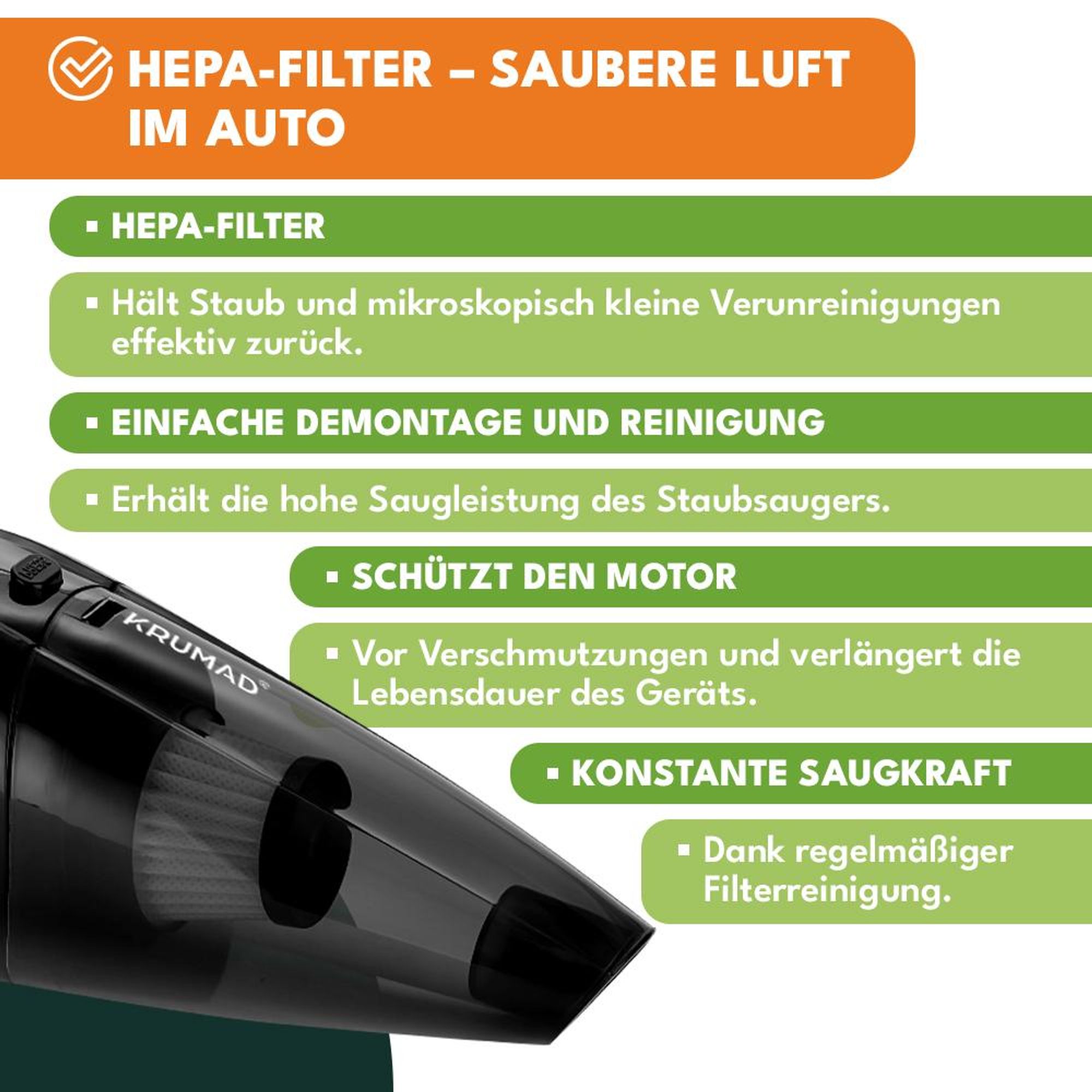 KRUMAD Auto Staubsauger 12V 120W – Beutelloser Handstaubsauger mit 5m Kabel & Zigarettenanzünder – Mini Staubsauger fürs Auto
