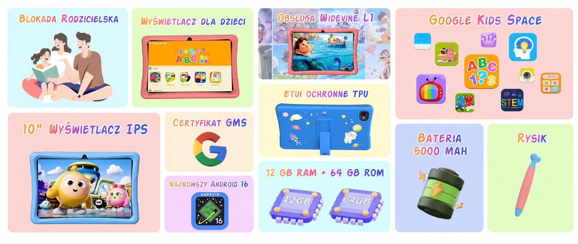 Tabwee K10 Kids 10.1" Rosa Tablet, Google Kids Space, 4GB RAM+64GB ROM, Android 15 WiFi Tablet für Kind mit Kindgerechte Hülle und Stift, 5000mAh
