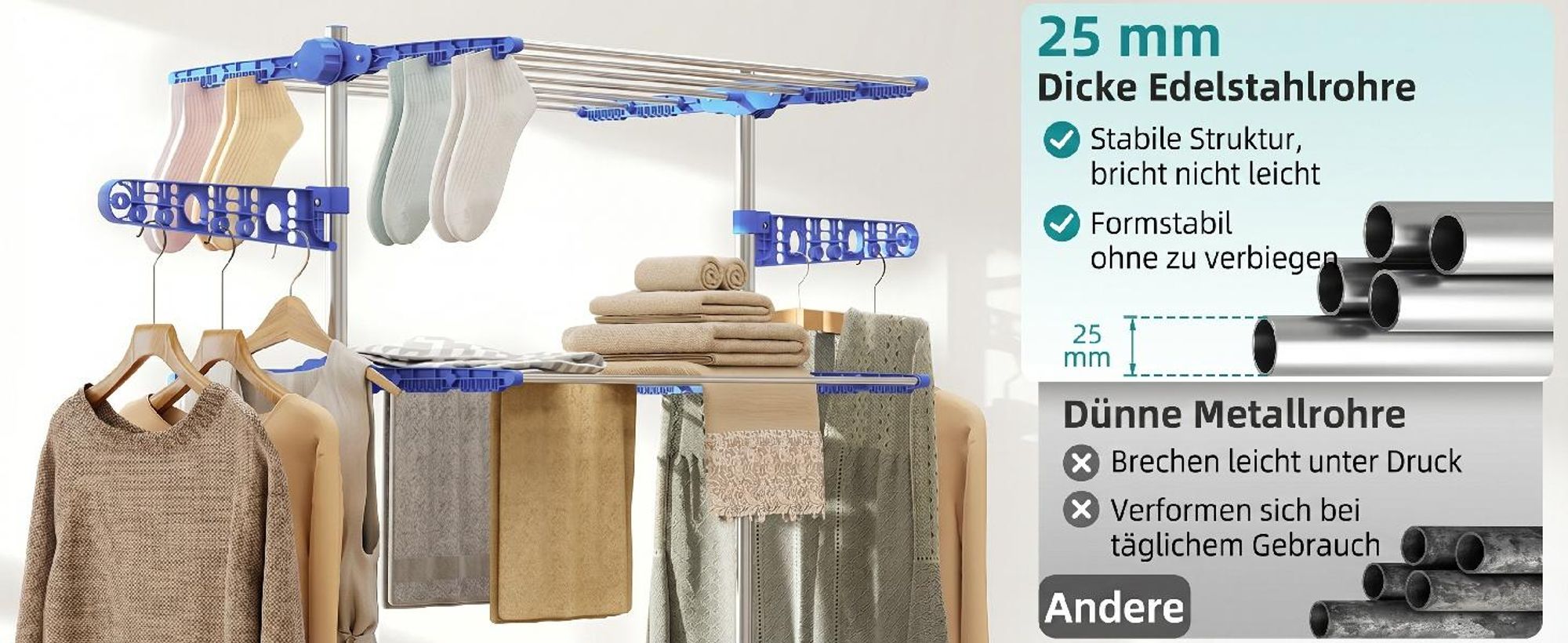Mobiler Wäscheständer Wäschetrockner-Turm Seitenflügel auf 3/4 Ebenen Blau