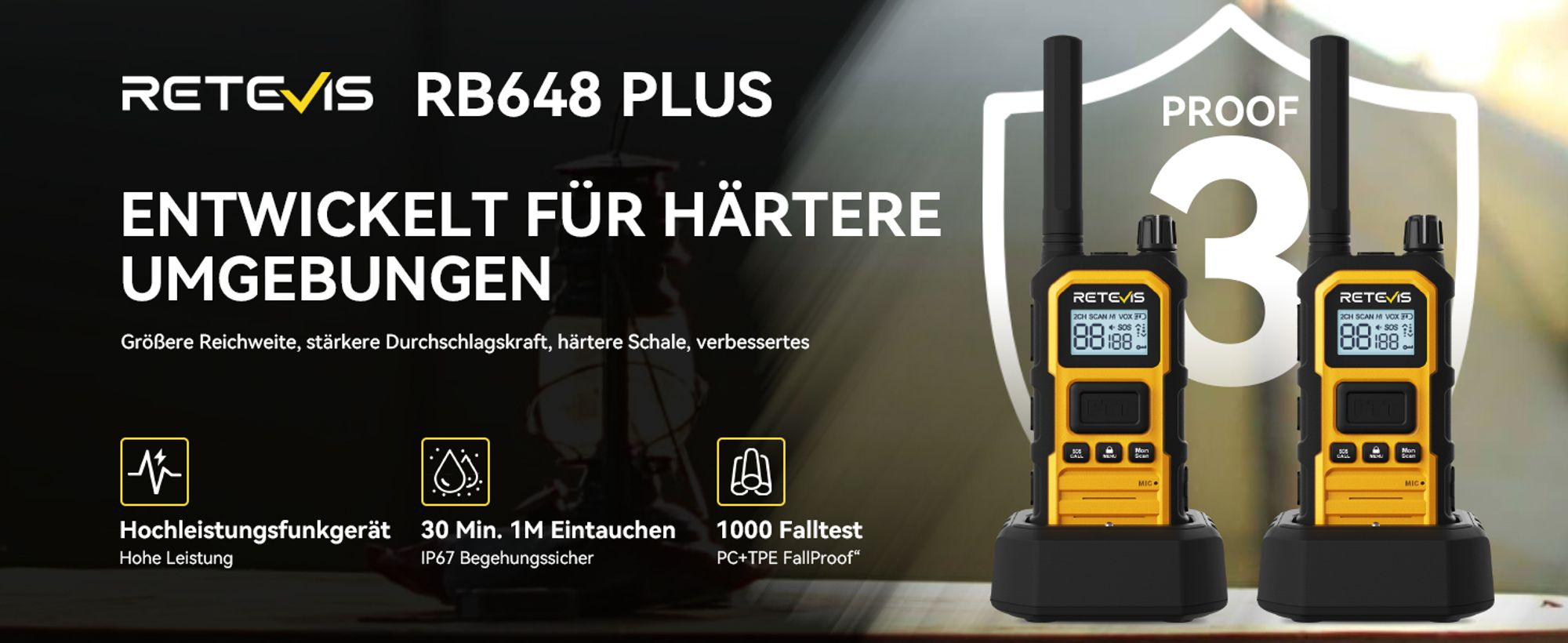 Retevis RB648 Plus Walkie Talkie mit Großer Reichweite, Wasserdichtes Funkgerät IP67, 2000mAh Typ C, Dual-PTT, Vibrationserinnerung
