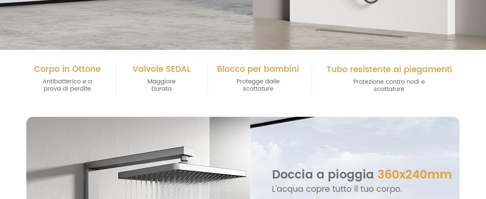 Sistema doccia EMKE con termostato Colonna doccia antracite opaca con doccia a pioggia quadrata 360×240 mm, bocca da bagno, regolatore di flusso e mensola in vetro F27