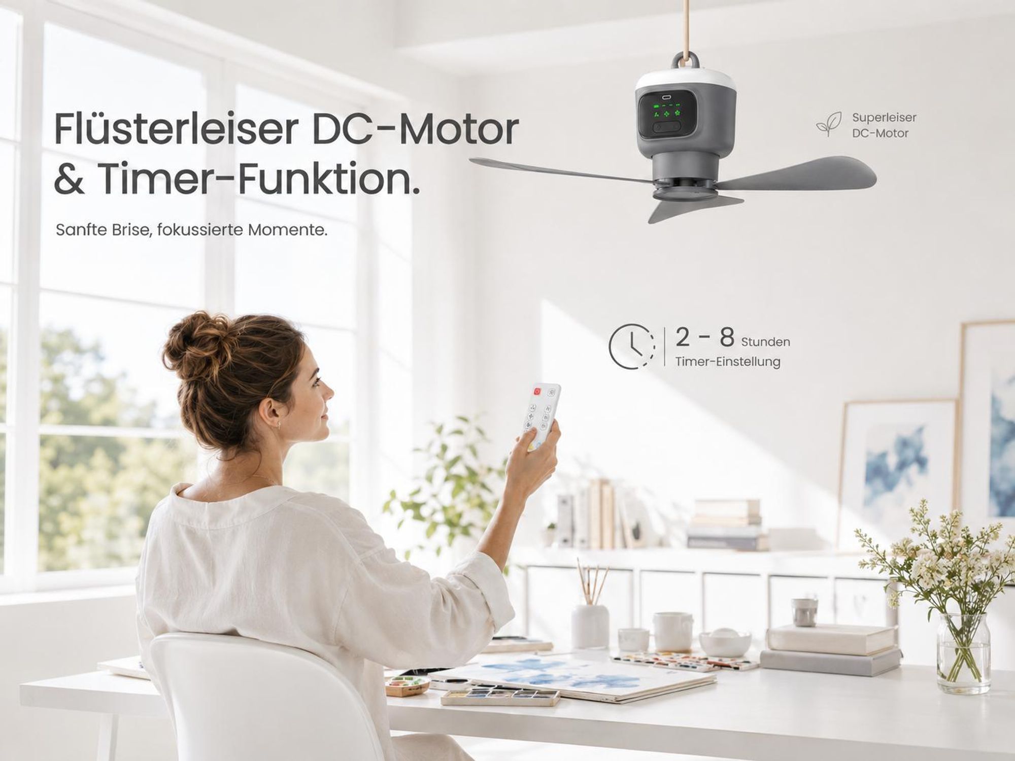 XL Ø45cm Camping Ventilator mit Licht, Akku 12000mAh, USB-C aufladbar, Deckenventilator mit Fernbedienung & Timer, Starke Brise für Zelt Pavillon RV