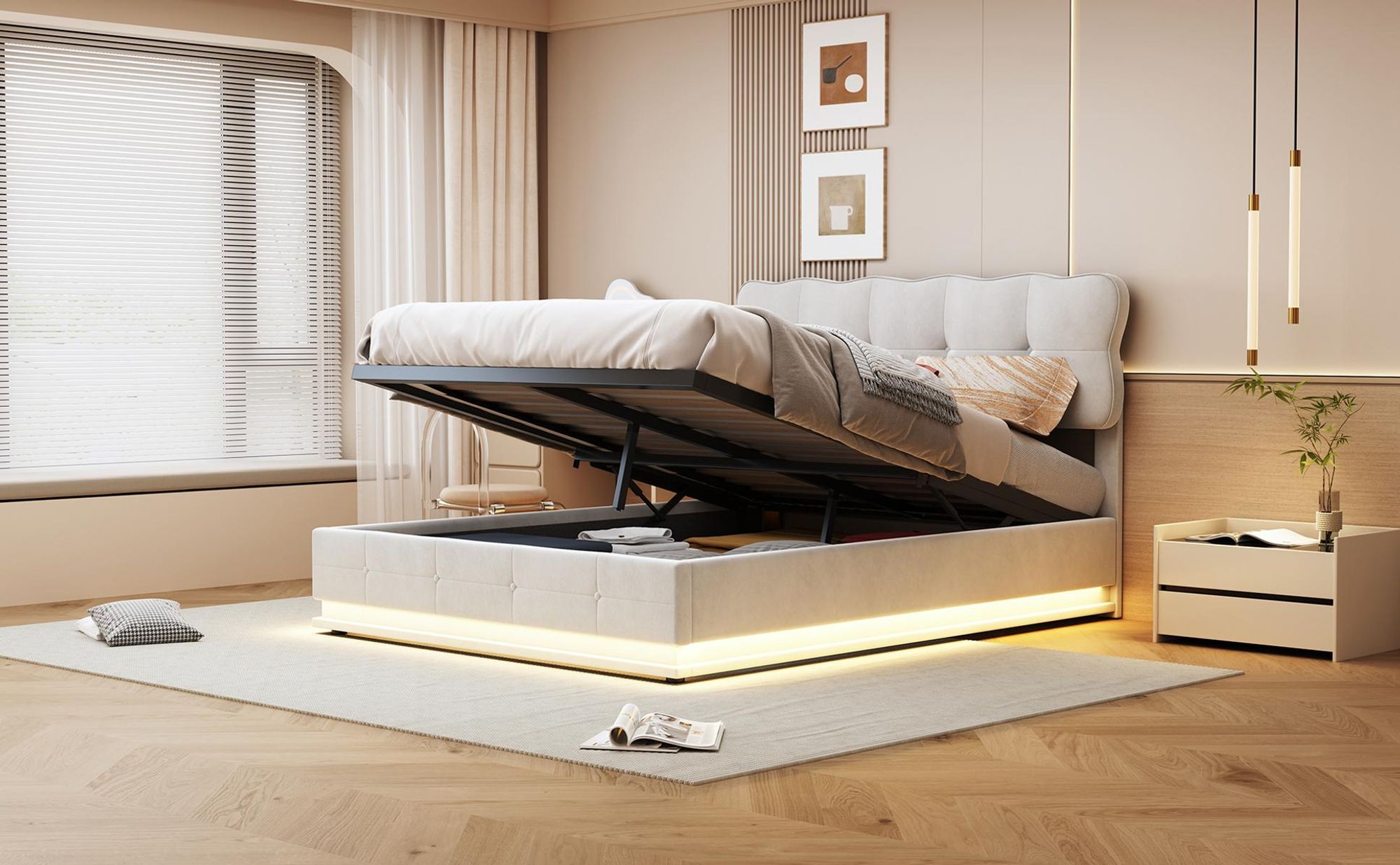 INONEFT Bett 160x200 mit Stauraum, Polsterbett Doppelbett mit LED Beleuchtung, Hydraulisch Stauraumbett, Jugendbett, Samt, Beige