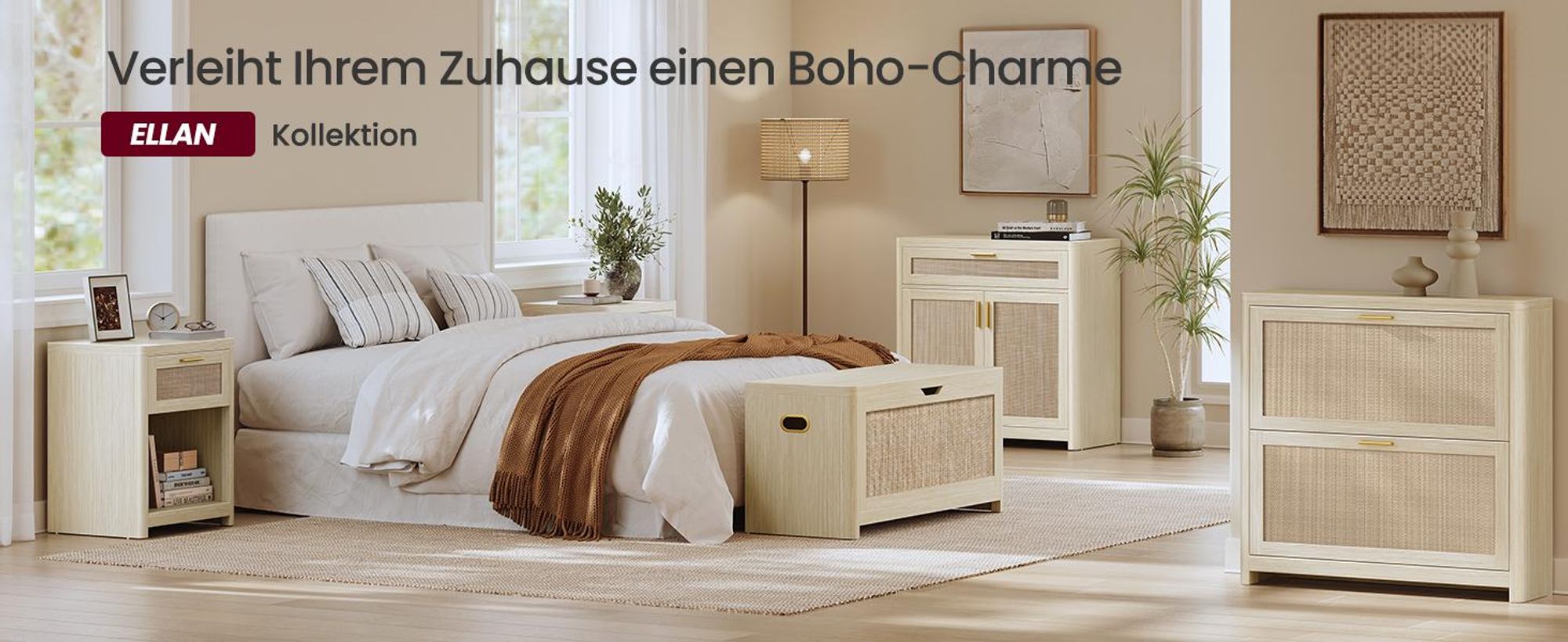 VASAGLE Küchenschrank im Boho-Stil, Türen Rattan-Optik, Sideboard, verstellbare Ablage, Schublade, Wohnzimmer, beige