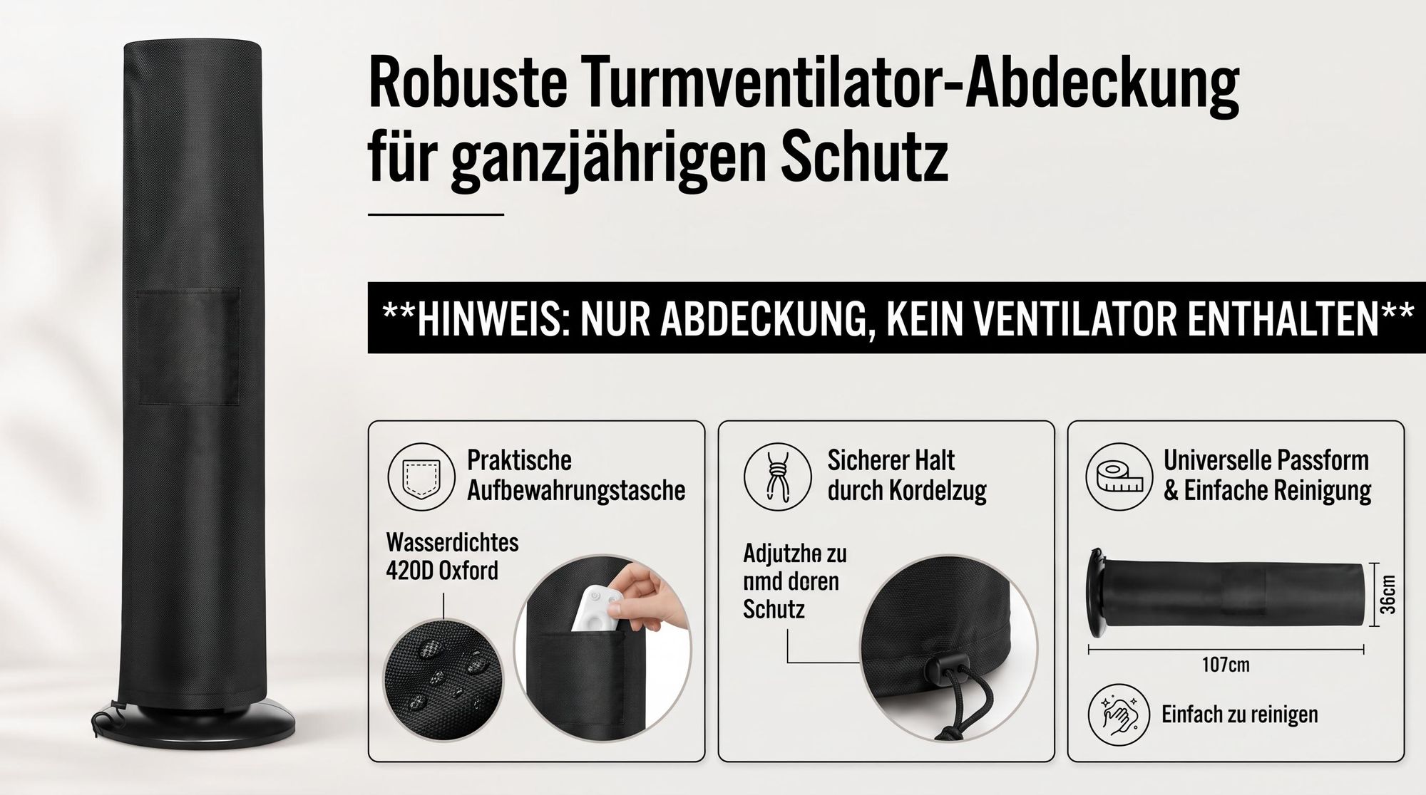 Turmventilator Abdeckung wasserdicht Staubschutz, Schutzhülle für Ventilator aus 420D Oxford, mit Kordelzug & Aufbewahrungstasche, universal passend 36×107cm