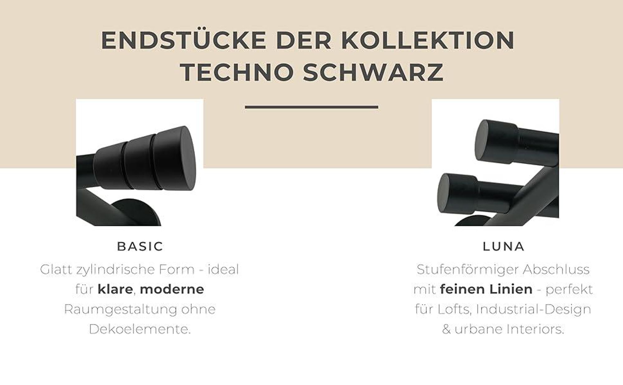 Techno 160 cm Doppelte Gardinenstange Schwarz 19 mm aus Metall mit Endstück Basic Komplettset mit Ringen und Clips Inklusive Montagezubehörset