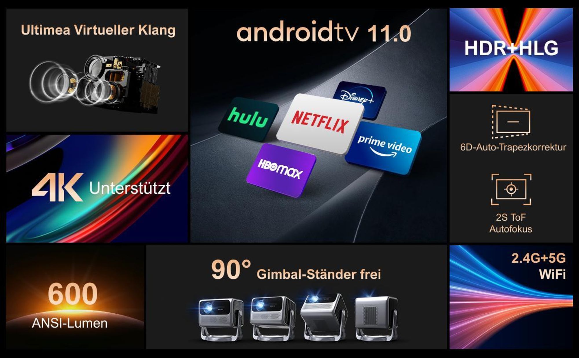ULTIMEA Smart Beamer Android TV 11.0 mit Netflix, 4K unterstützter Filmprojektor mit 90° Gimbal Design, 600 ANSI Full-HD, HDR10&HLG, Bluetooth