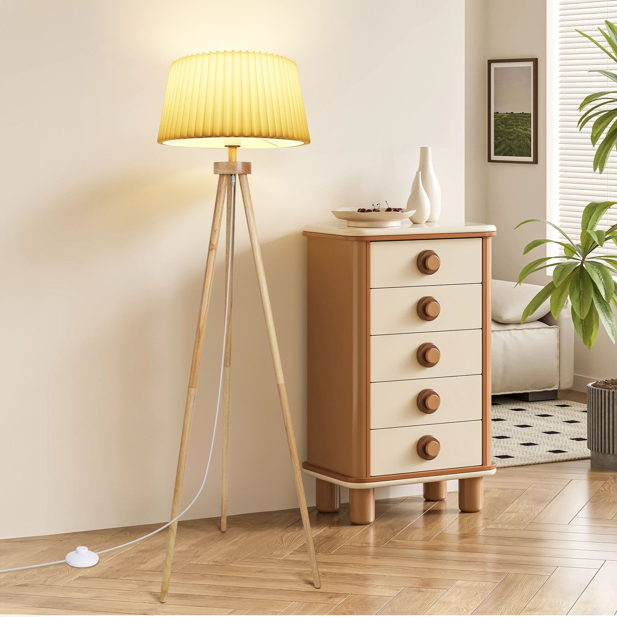 Aigostar stehlampe wohnzimmer, LED stehlampe dreibein holz vintage mit Plissee leinen lampenschirm und fußschalter, Weiß, ohne Glühbirne