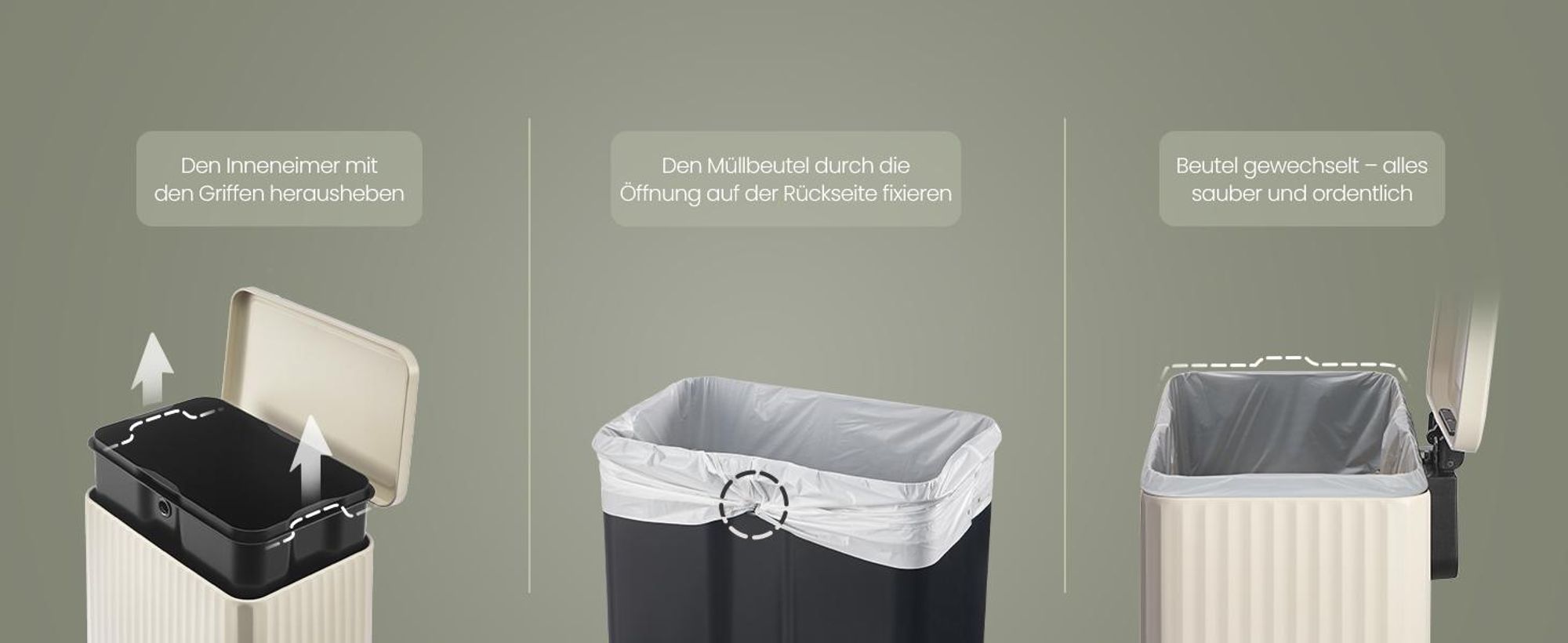 Abfalleimer für Küche, Mülleimer aus Stahl, mit Deckel und herausnehmbarem Inneneimer, Softclose, 50 Liter, creme