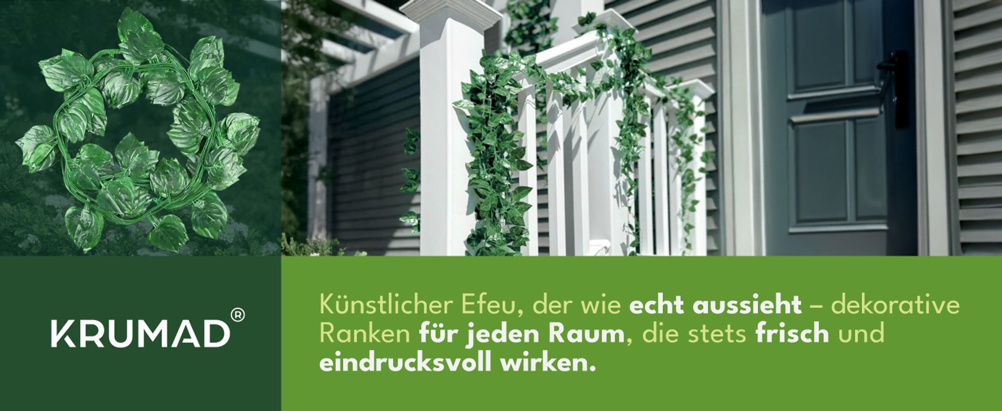 KRUMAD Künstlich Efeu Girlande 12 Stück Set 27,5 m Kunstpflanze Efeu Girlande für Balkon Garten Wanddeko Deko Wohnzimmer