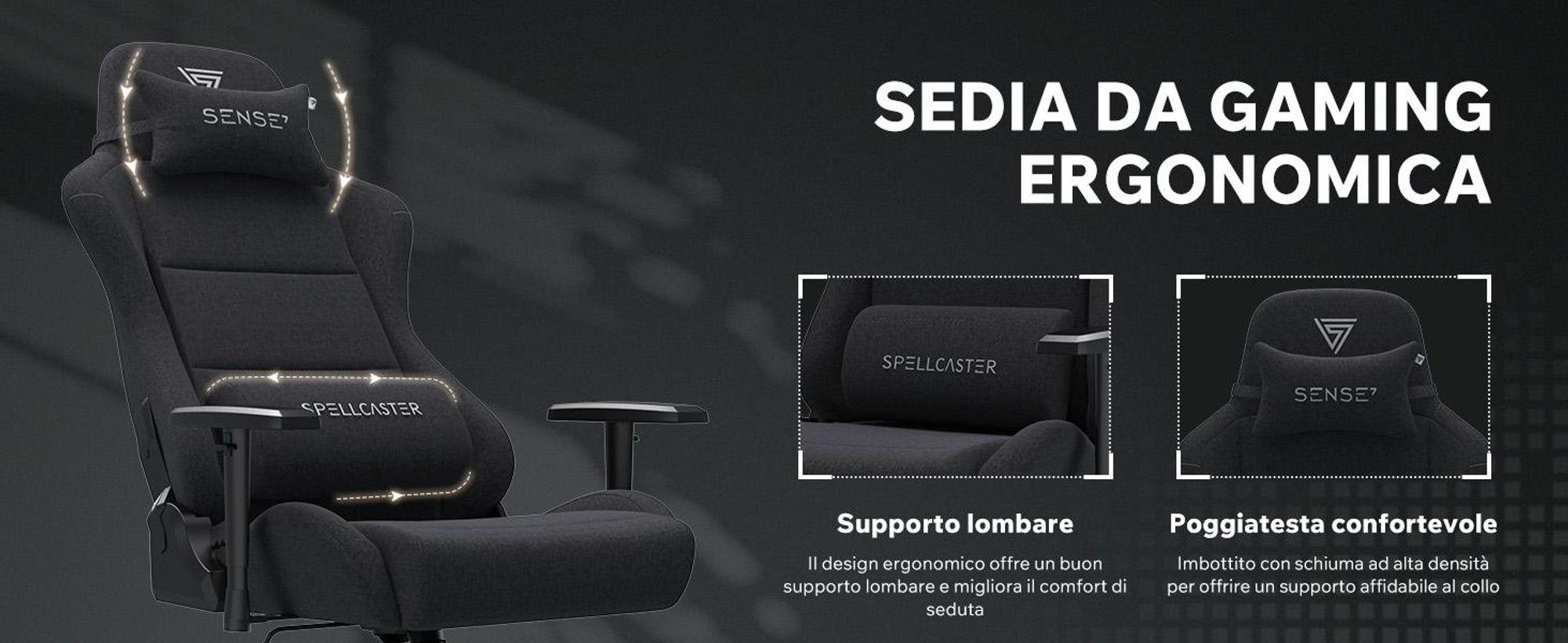 Sense7 Spellcaster FUKU XL: sedia da gaming, poltrona da gaming, sedia da ufficio, sedia da scrivania ergonomica, sedia girevole con poggiatesta fino a 160 kg, sedia nera
