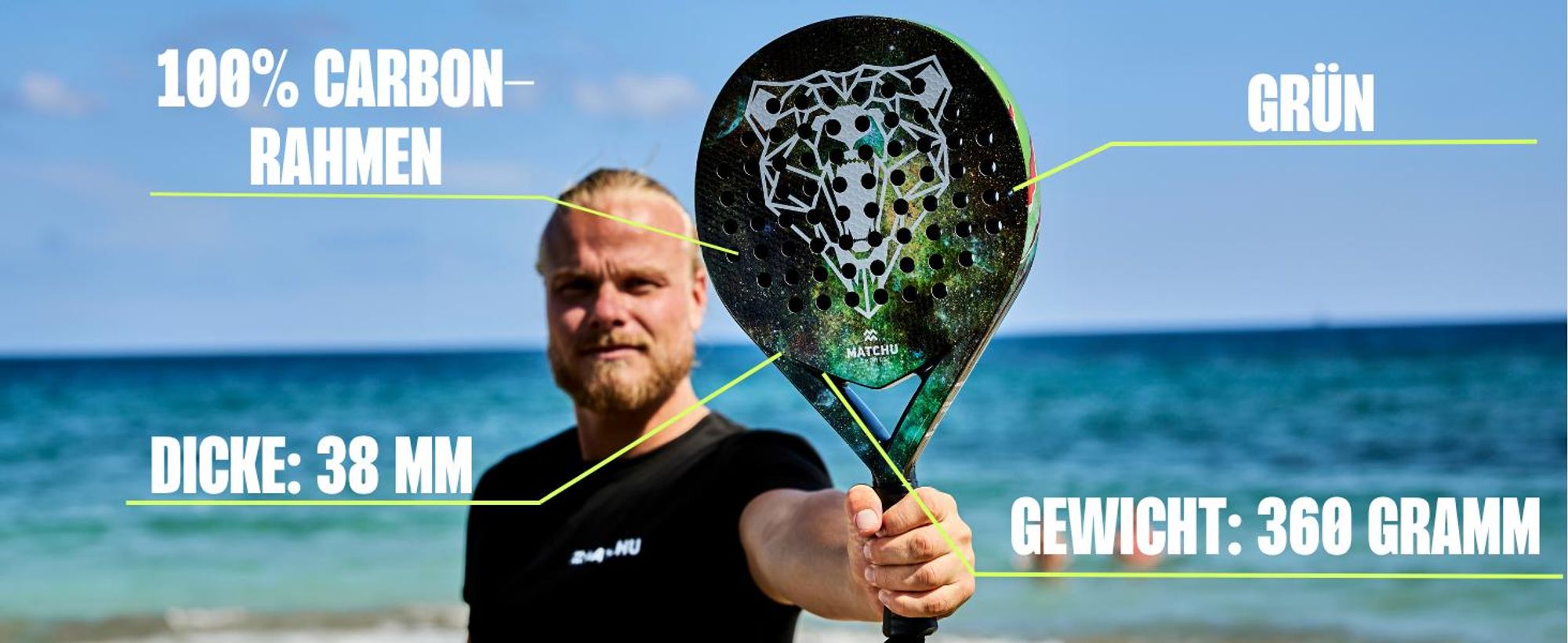 Matchu Sports Padel Schläger Bear inkl. Padeltasche - Schwarz mit farbigem Aufdruck 100% Carbon-Rahmen für Erwachsene - Startspieler/Verteidiger