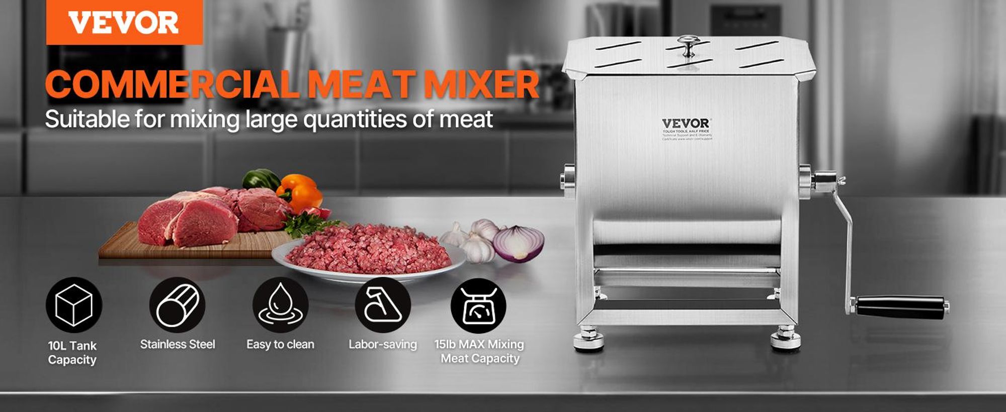 VEVOR Handbetriebs Fleischmischer, 80L Festtank Fleischverarbeitungsgerät (Maximale Mischung 80LBS für Fleisch), Edelstahl Fleischmischer, Wurstmischmaschine mit Deckel, Handgetriebe, Hackfleisch Handmischer, 10 L Ohne Getriebe