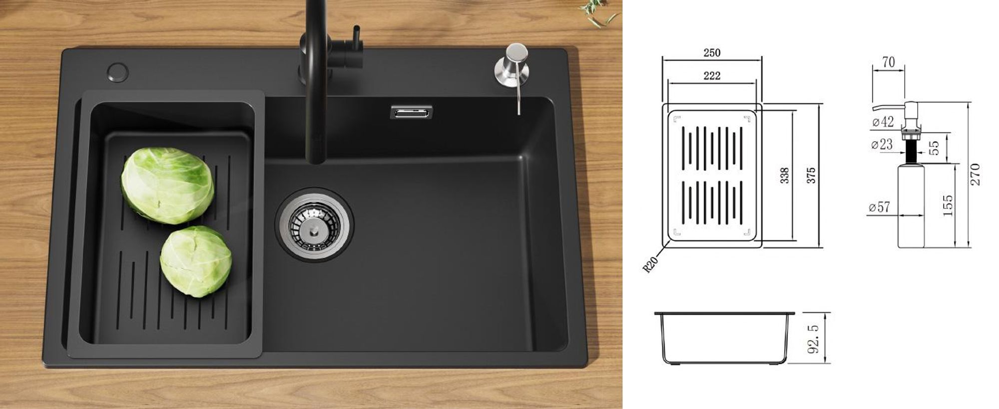 Granitspüle schwarz 70x45cm Set mit Küchenarmatur ausziehbar, Kratzfest & Geräuschdämmend, Cecipa, SMC Küchenspüle, Einbauspüle & Abflussgarnitur