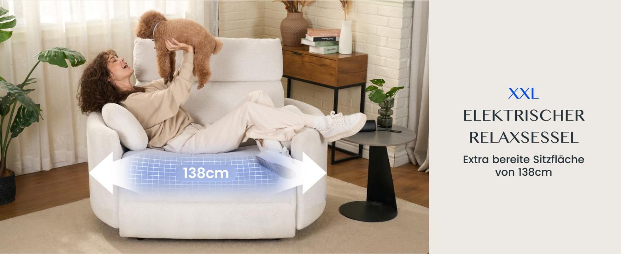FLEXISPOT Mochi Pro Zero-Wall XXL Elektrischer Relaxsessel, 1,5-Sitzer mit 138 cm Sitzbreite, Fernsehsessel für Große&Schwere, Klemmschutz&USB-C,Beige