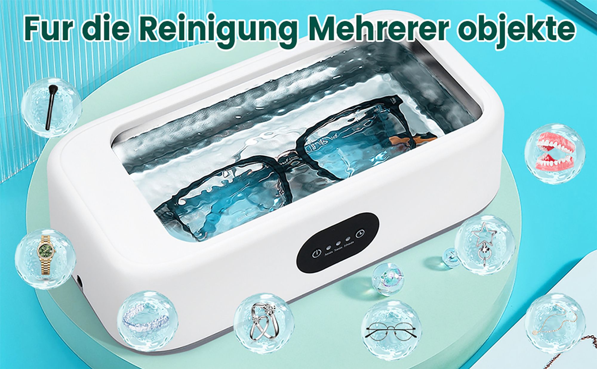 Ultraschallreinigungsgerät, 49000Hz Ultraschallreinigungsgerät Brillen, 640ml Brillenreinigungsgerät mit 3 Zeitfunktionen, Ultraschallreiniger