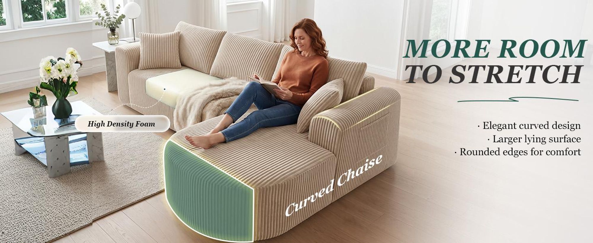 COMHOMA Rohová sedačka s možnosťou rozloženia na lôžko, 263 cm, corduroy, modulárna, bez kostry, s chaise longue, rohová sedačka s možnosťou rozloženia na lôžko, modulárne sedačky s vankúšmi a bočnými vreckami