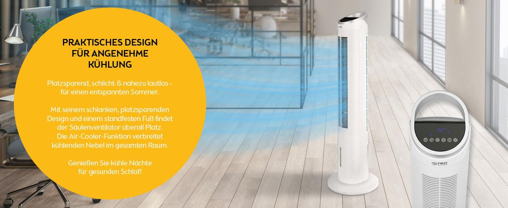 TZS First Austria Turmventilator mit Fernbedienung, 102cm Standventilator, 3 Stufen, sehr leise 53dB, Luftkühler, 80° Oszillation, mit Wasserkühlung, 60W, Ventilator, Timer, Display, Weiß