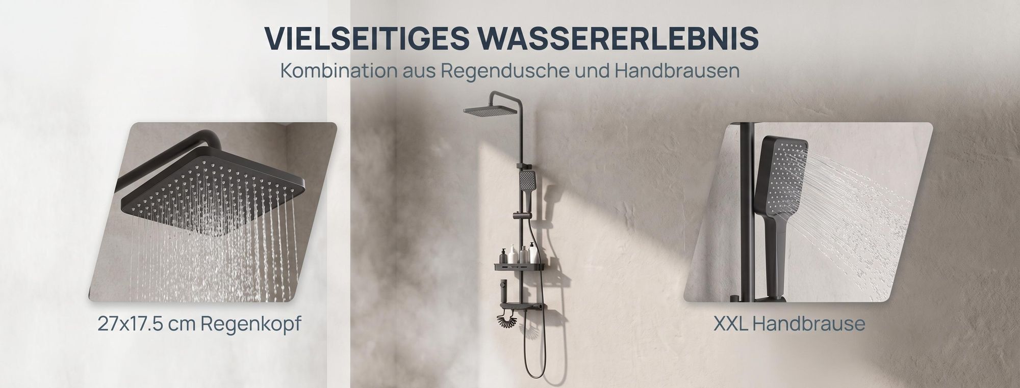 ROSEJANE Duscharmatur Komplettset mit Klavierknopf, höhenverstellbar 103–130 cm, Regendusche 27 × 17,5 cm, 2 Handbrausen, Ablage, Grau