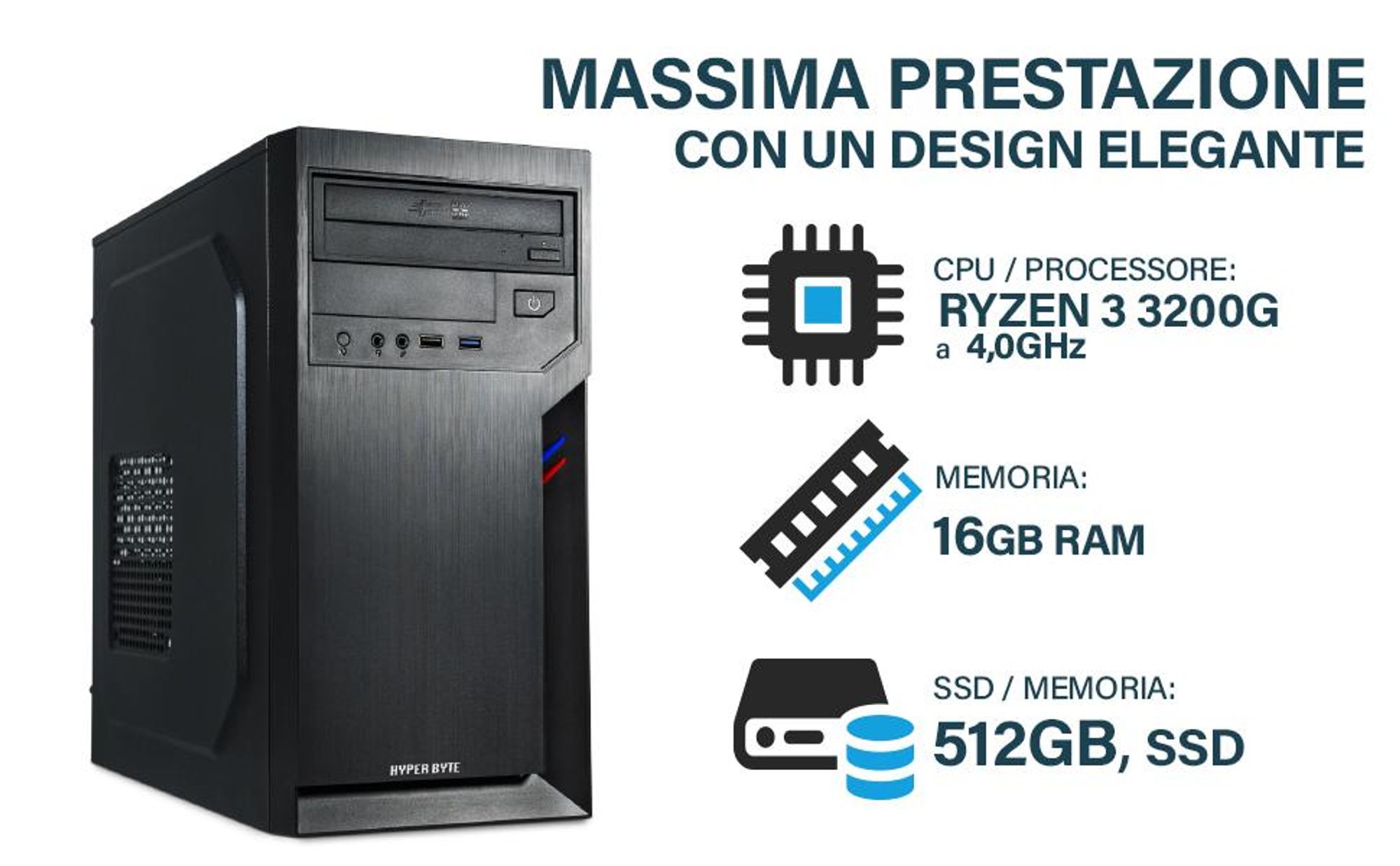 HYPER BYTE® Ufficio PC – Computer con AMD Athlon Pro a 3,4 GHz | 16 GB RAM DDR4 | 512 GB SSD | Windows 11 Pro | WiFi | USB 3.0 | Desktop / PC fisso