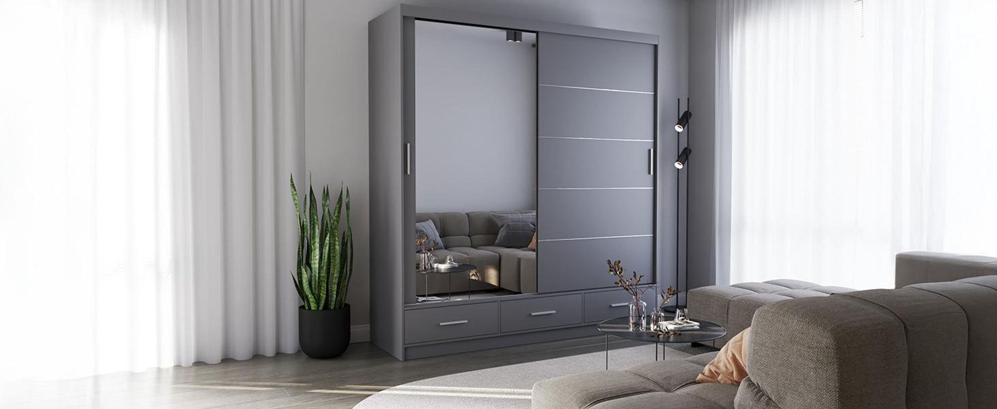 Florence Schwebetürenschrank Kleiderschrank 203 cm, Grau/Grau matt, mit Spiegel