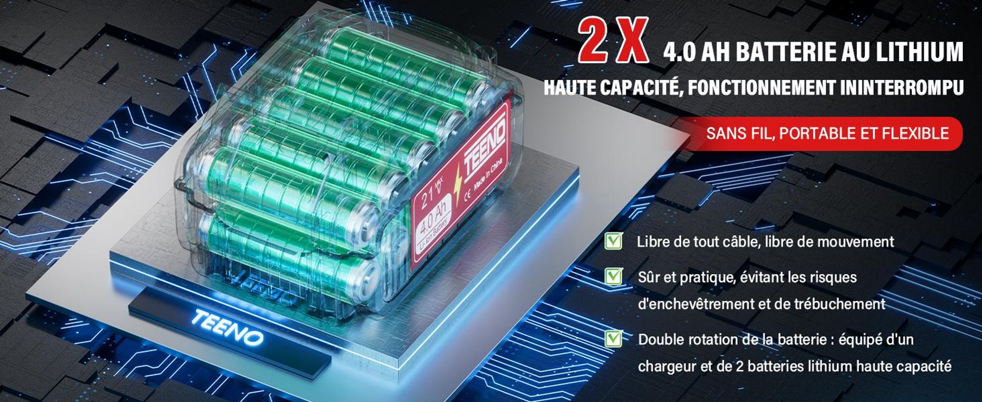 TEENO Souffleur de Feuilles Rechargeable, 21 V, 4,0 Ah, 6 Modes de Vitesse, Vitesse du Vent jusqu'à 210 km/h, Tuyau de soufflage Amovible