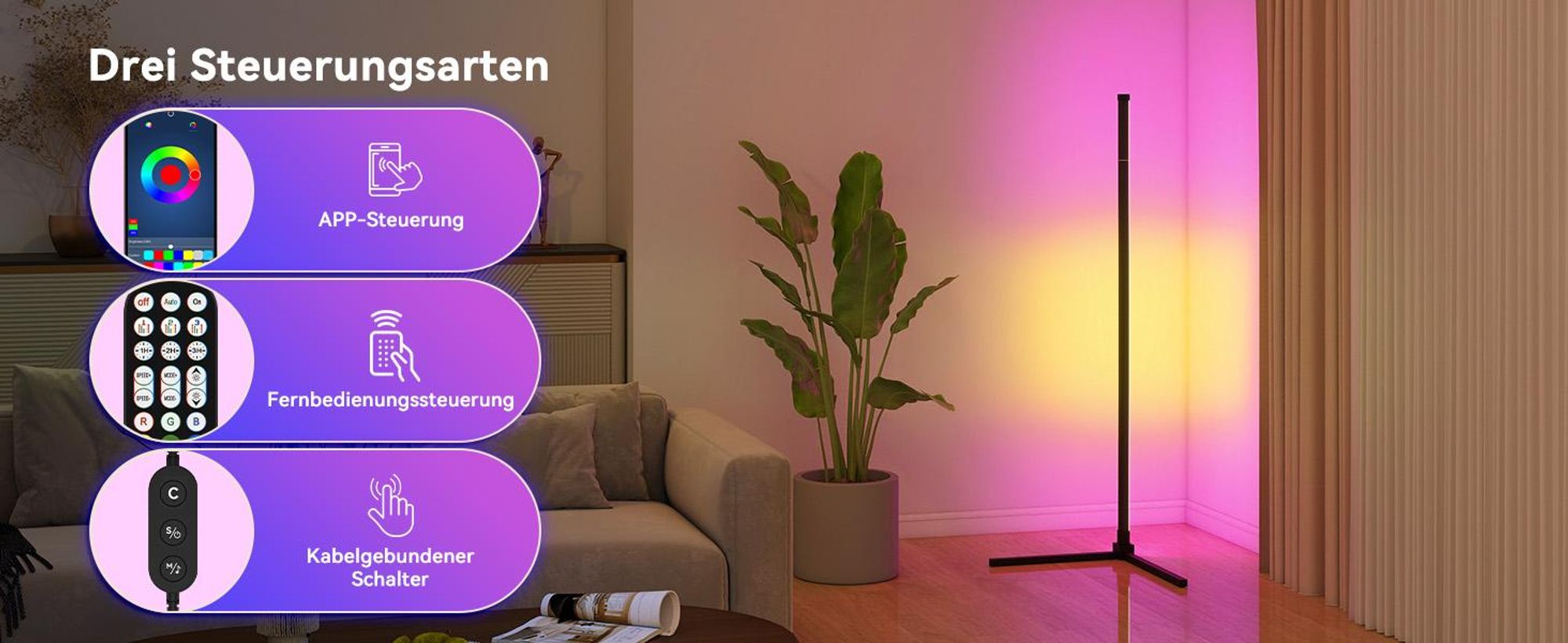 Puluomis LED Stehlampe Stehleuchte RGB Dimmbar mit Musik-Synchronisation, Timer, Atmosphäre Lampe Eck Standleuchte Standlampe APP/Fernbedienung/Kabel