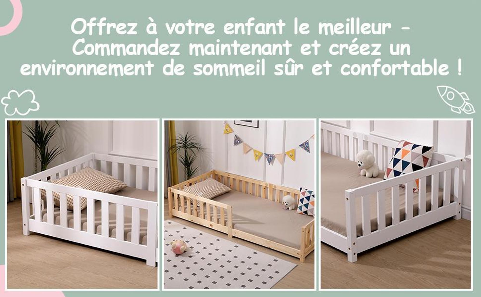 Lit au sol pour enfants  80 x 160 cm, en pin massif, avec protection contre les chutes, lit Montessori naturel, pour garçons et filles