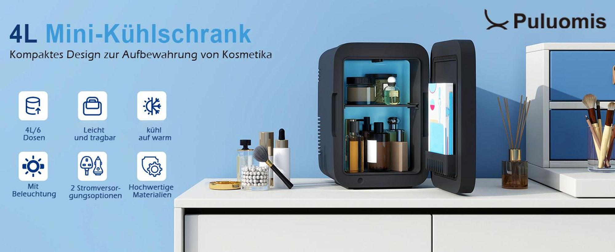Puluomis Mini Kühlschrank 4L mit LED Spiegel tragbar für Kosmetik, Kühlbox Warmbox schwarz