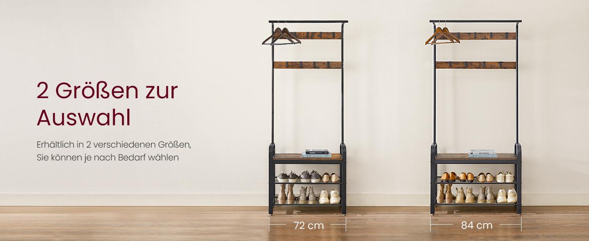 VASAGLE Garderobenständer,183 x 72 x 33,7 cm, mit 9 Haken und Schuhregal-RSH40