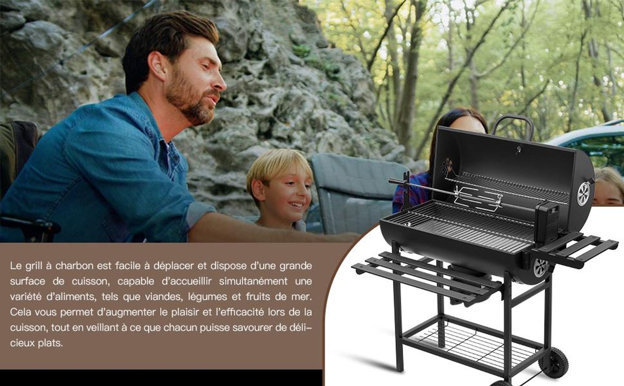 TEENO Barbecue Charbon de Bois Upgraded | Grill à Charbon avec Couvercle | Thermomètre,Tiroir à Cendres,Gants anti-brûlures, Évent Réglable