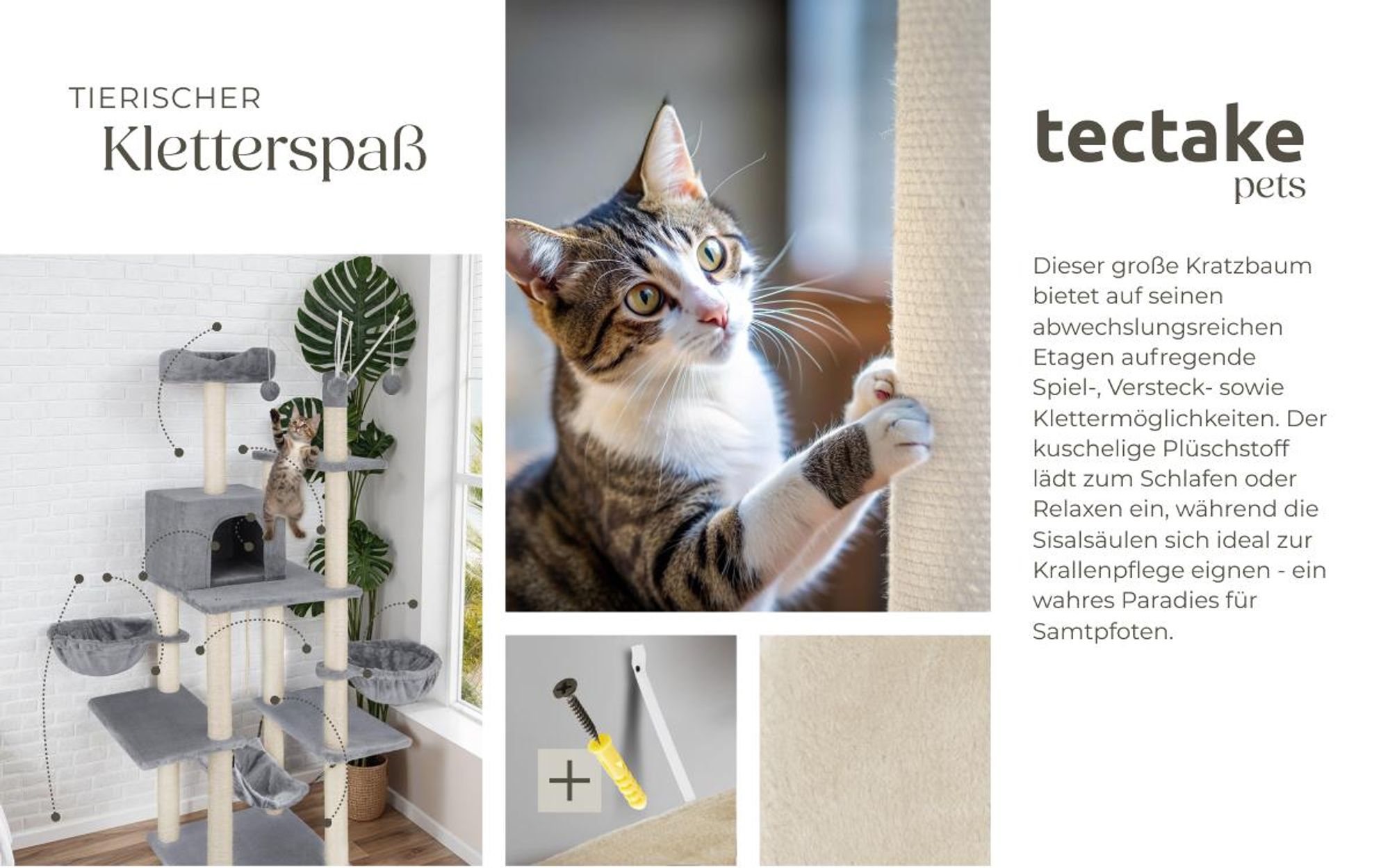 tectake® Kratzbaum Lilou 165 cm inklusive 4 Spielbällen, Kordel und Kippschutz