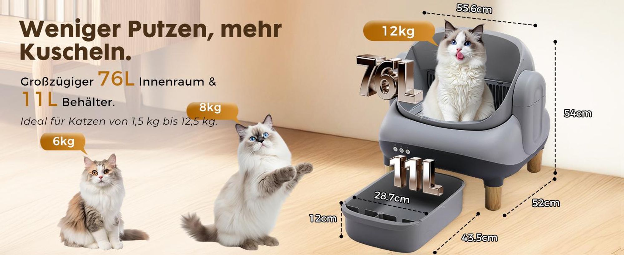 Katzentoilette Oben offene Automatische Katzenklo selbstreinigend Katzentoilette XXL Große Fassungsvermögen,App-Steuerung,für mehrere katzen