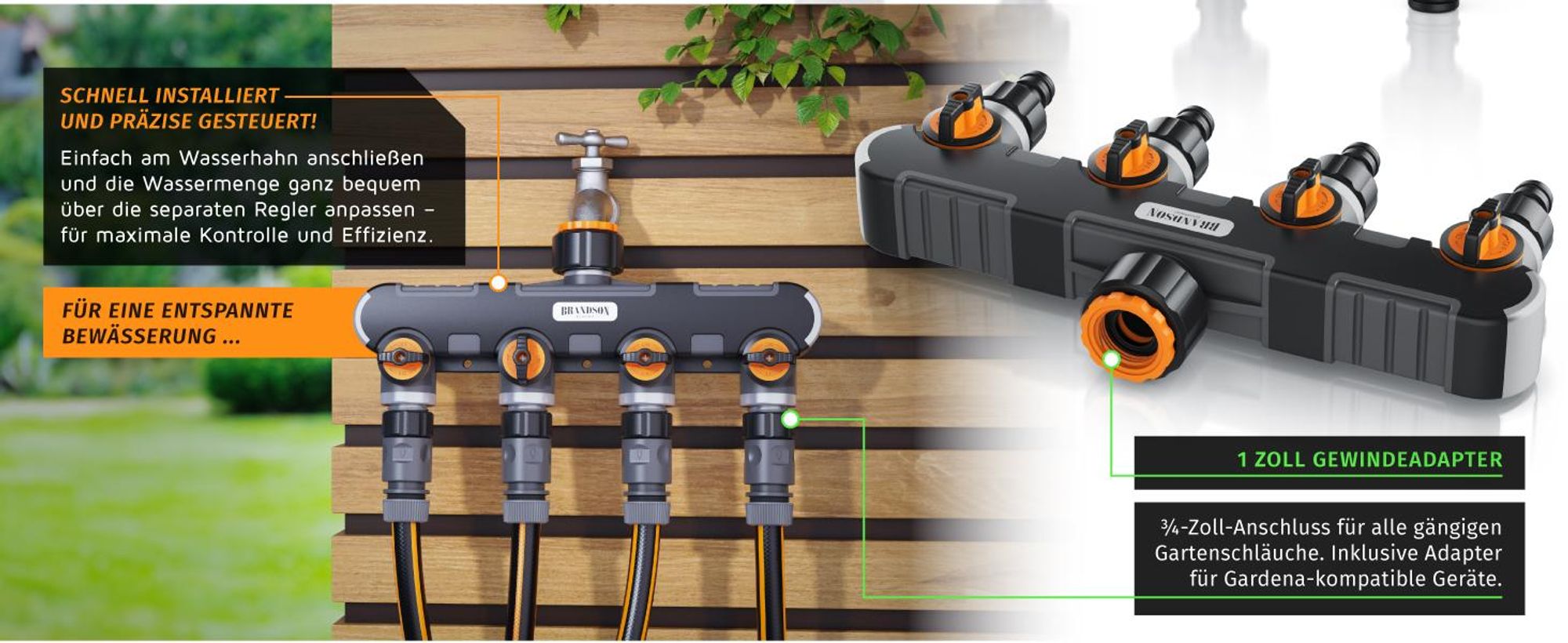 Brandson 4 Wege Verteiler, Gartenschlauch Verteiler, Wasserverteiler, Schlauchverteiler, 3/4 1/2 Zoll, Wasserhahn Schlauch Verteiler für Gartenbewässerung